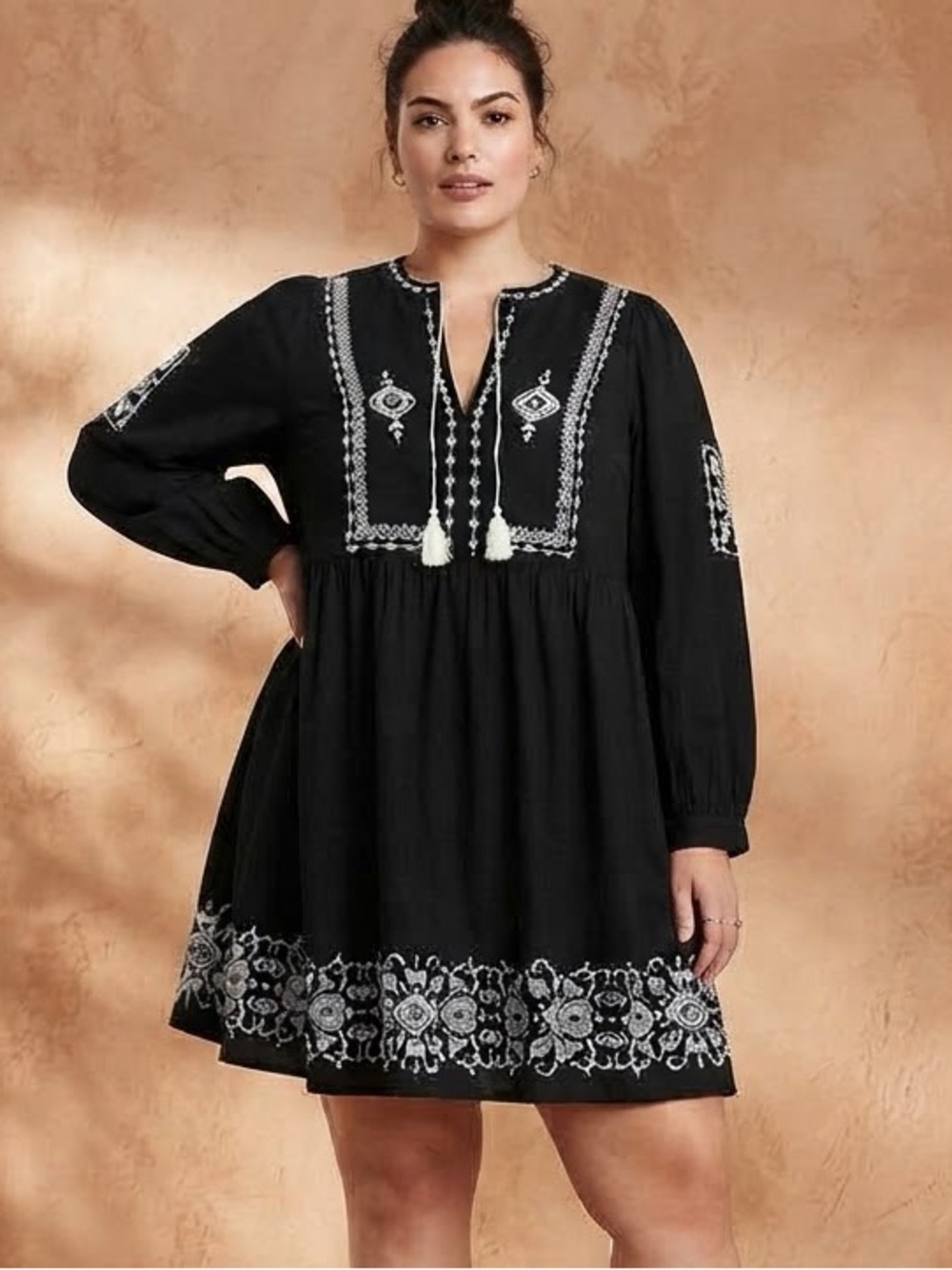 Bohemian Black and White Long-Sleeve Embroidered Tassel V Neck Mini Swing Dress